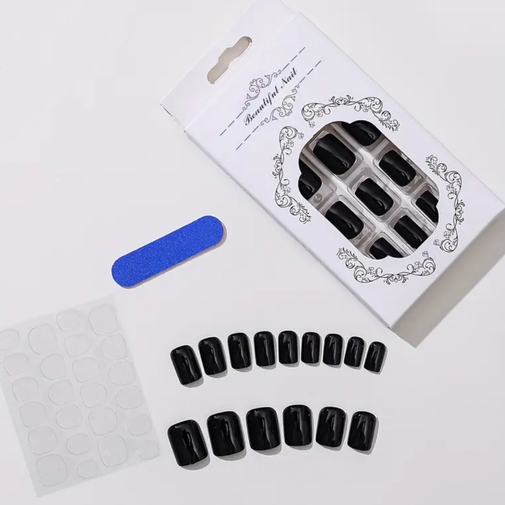 New Glossy Black Press-On Nails | Short Square Reusable Manicure Set